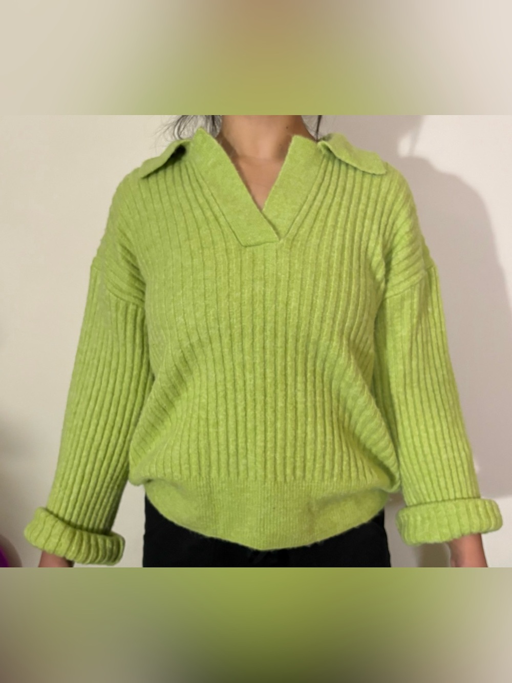 Zara Lime Green Ribbed V-Neck Sweater with Polo Collar - Picture 1 of 11